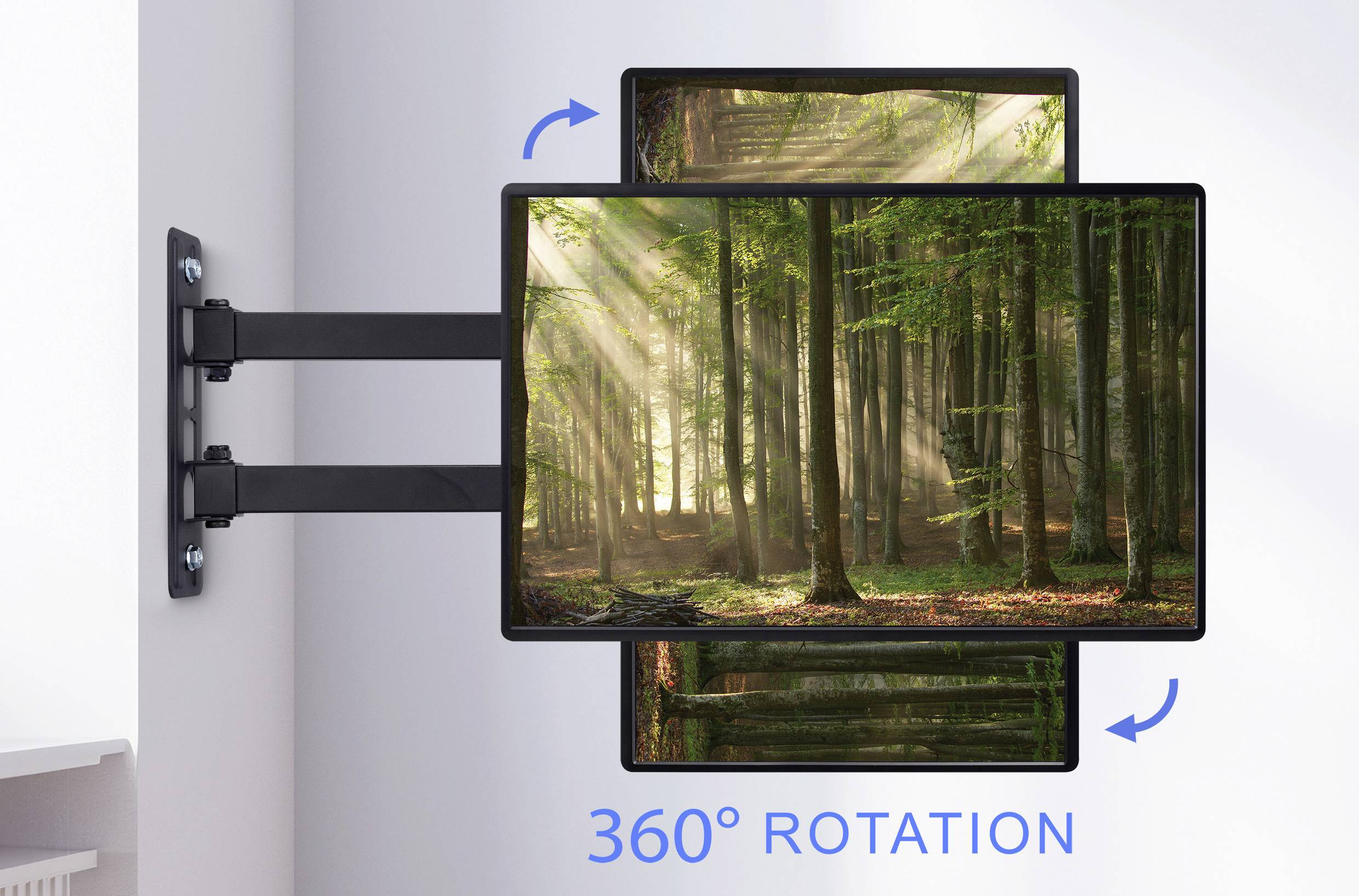 A wall-mounted monitor showing a forest scene can rotate 360 degrees. Blue arrows indicate the rotation capability.