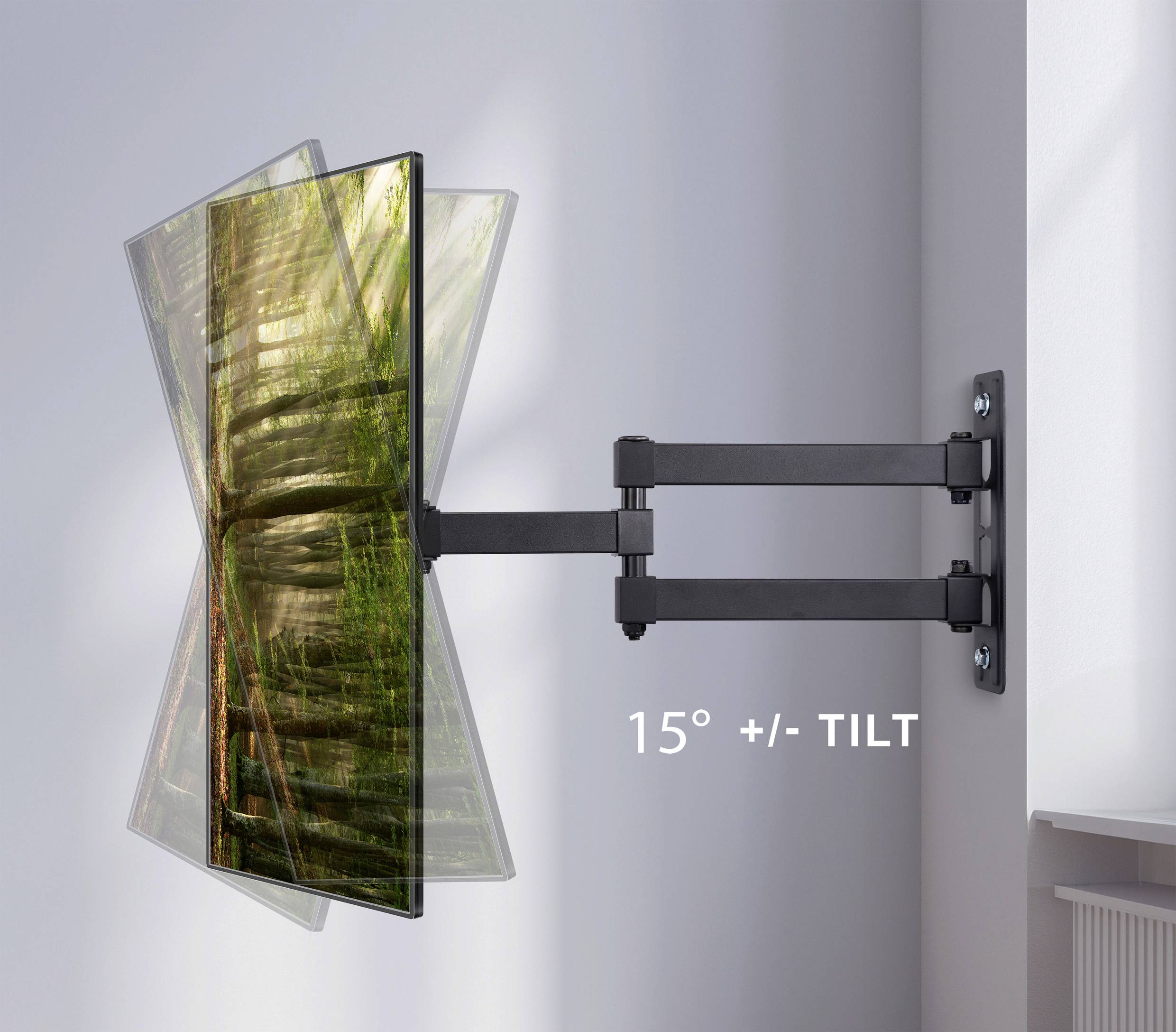Wall-mounted TV bracket showing adjustable angles, with the screen tilted at 15° in different directions.