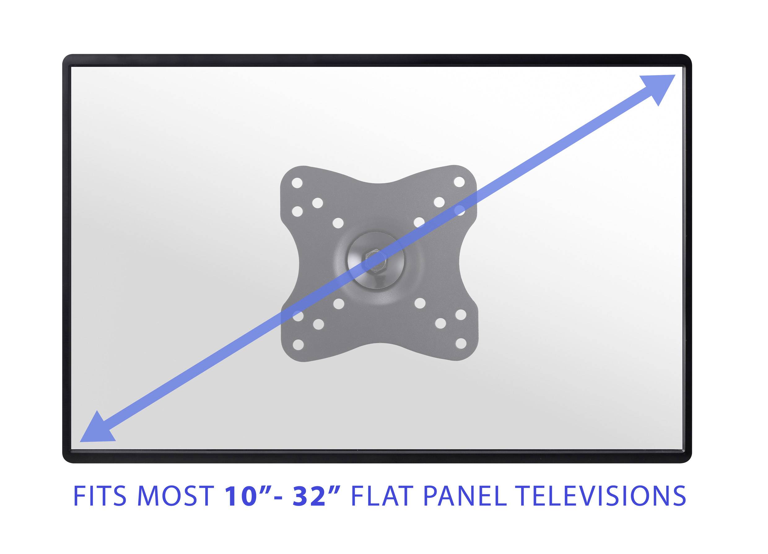 'TV wall mount for 10"-32" flat panel televisions, showing a mounting bracket and diagonal measurement illustration.'