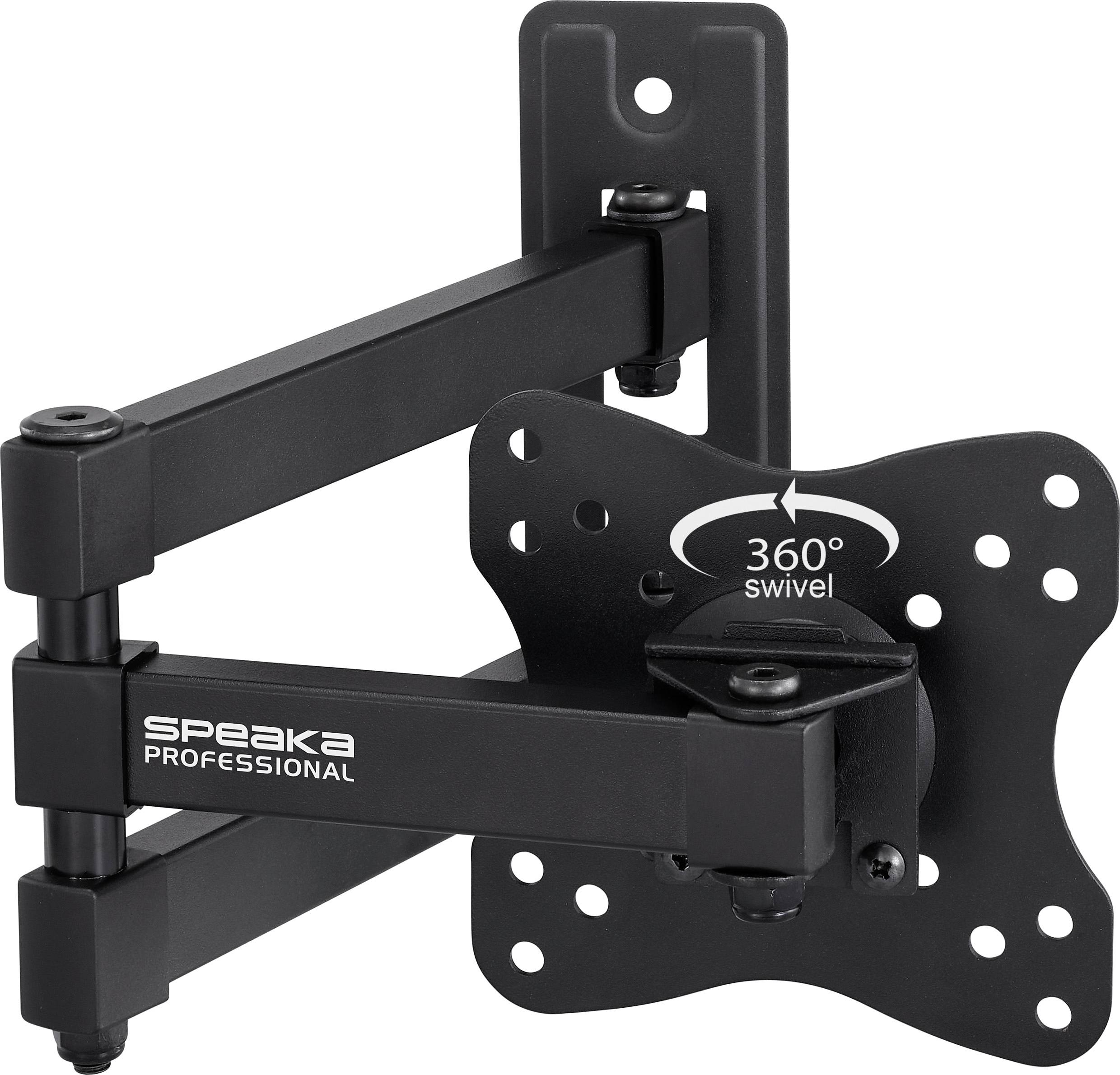 A black metal monitor wall mount with adjustable arms and a '360° swivel' feature. Suitable for holding screens securely in place.
