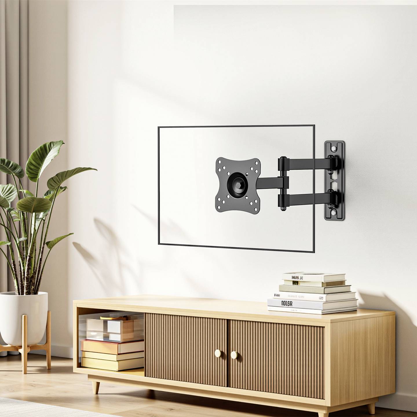 A living room features a wooden TV stand with books and a camera on it, a mounted TV bracket on the wall, and a potted plant in the corner.