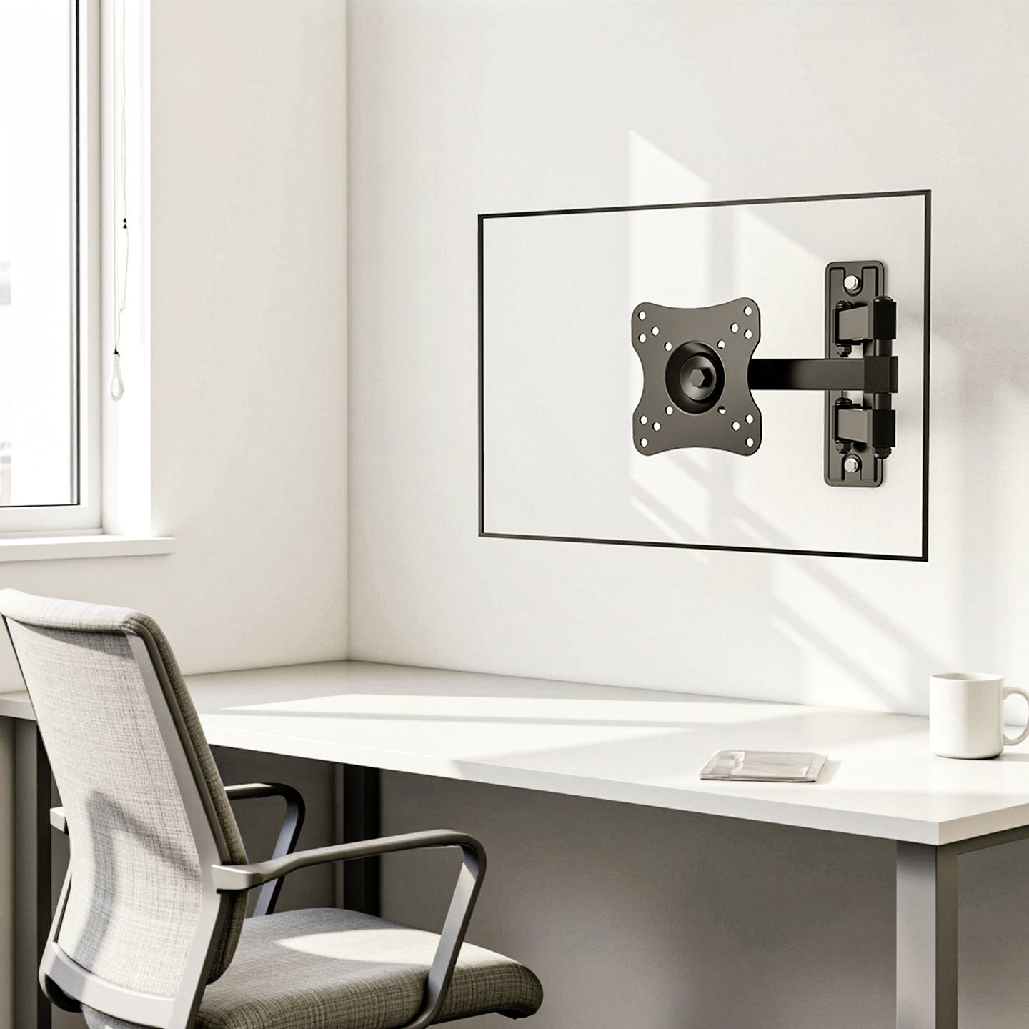 An empty office desk with a mounted monitor arm on the wall, adjacent to a window. A chair and a coffee cup are on the desk.