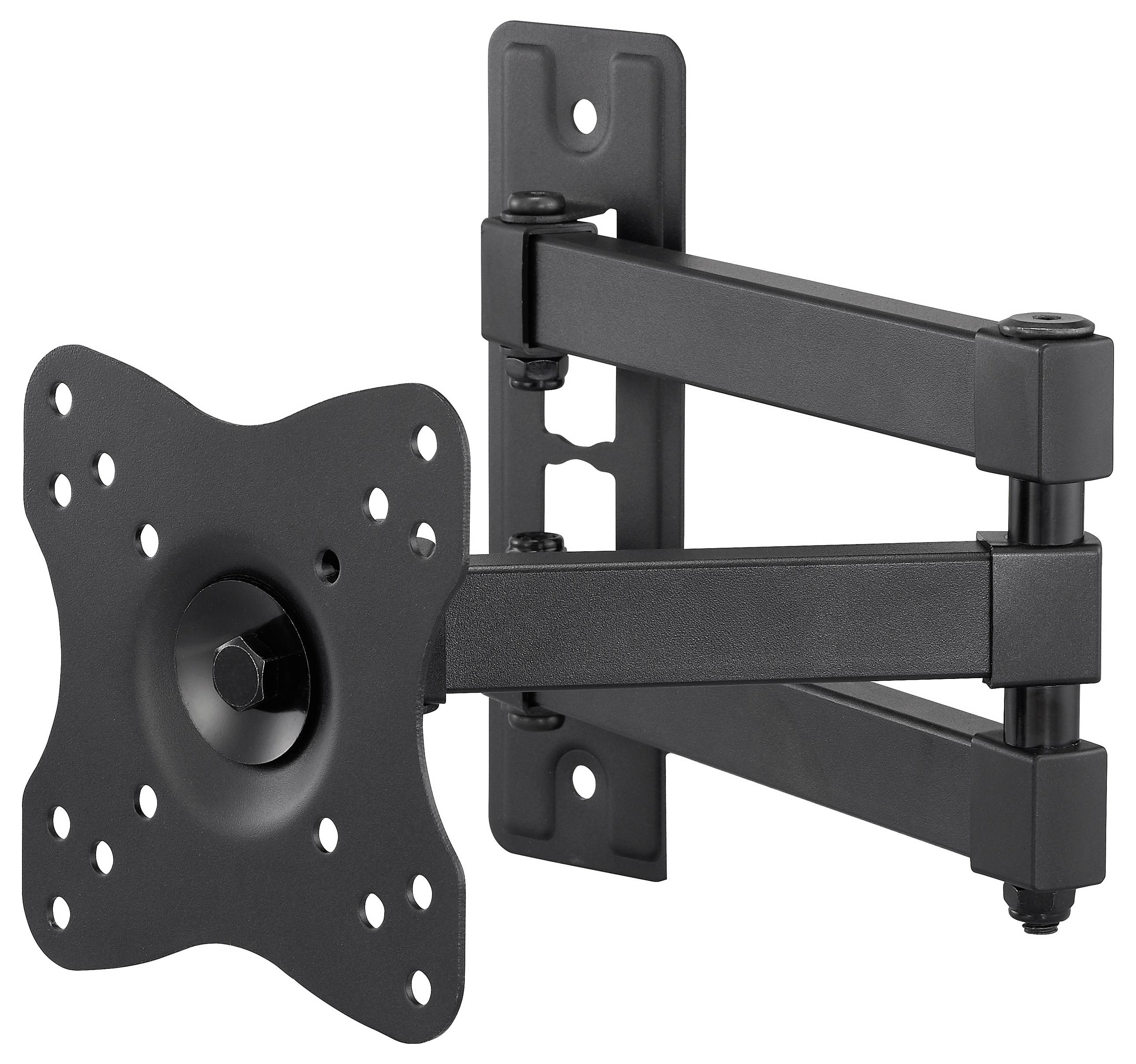 A black adjustable TV wall mount with multiple pivot points and a flat panel bracket, designed for flexible positioning and space-saving installation.