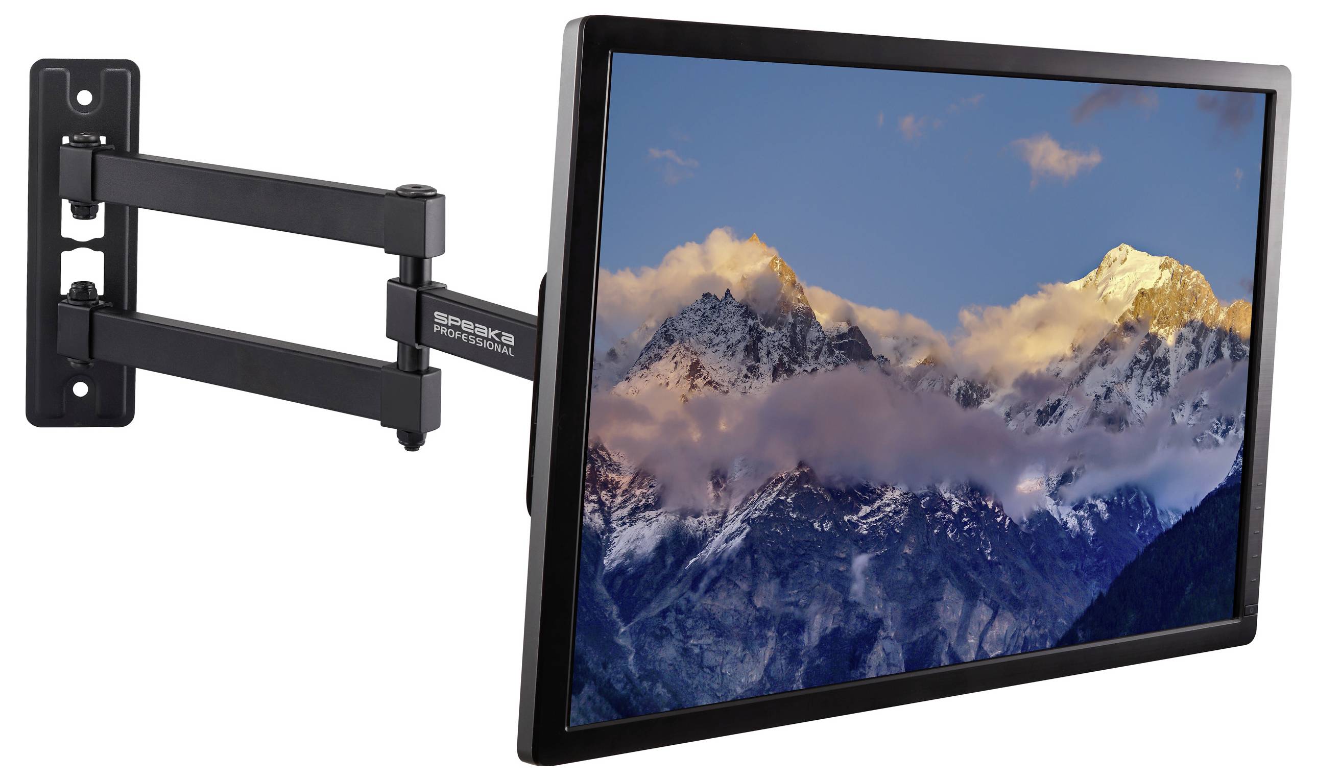 A wall-mounted TV with an adjustable arm showing a scenic image of snow-capped mountains under a partly cloudy sky.