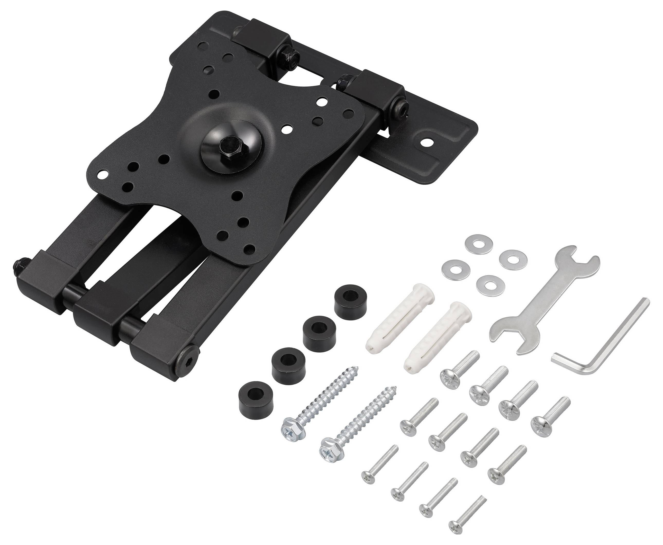 'Wall mount bracket with screws, bolts, washers, and tools; suitable for mounting flat-screen televisions or monitors.'