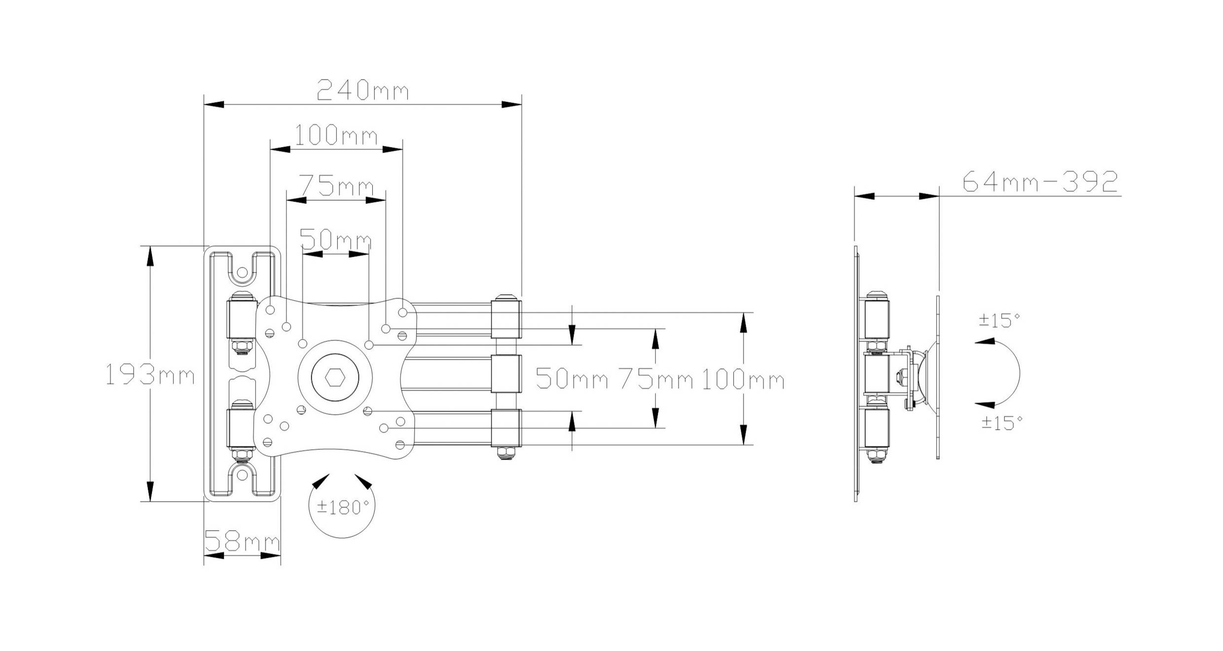 Technical diagram of adjustable wall mount dimensions, showing measurements from 58mm to 392mm, tilt of ±15°, and swivel of ±180°.