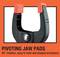 'Pivoting Jaw Pads' 45° rotation, easy to hold shaped workpiece clamp in black with orange ends against an orange background.