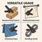 'Versatile Usage' image showing four uses of clamps: 'Woodworking Projects', 'Holding Backgrounds', 'Clamping Tarps', 'Bundling Cords'.