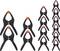 Two rows of black spring clamps with red tips in various sizes, arranged from largest to smallest. Used for holding objects tightly.