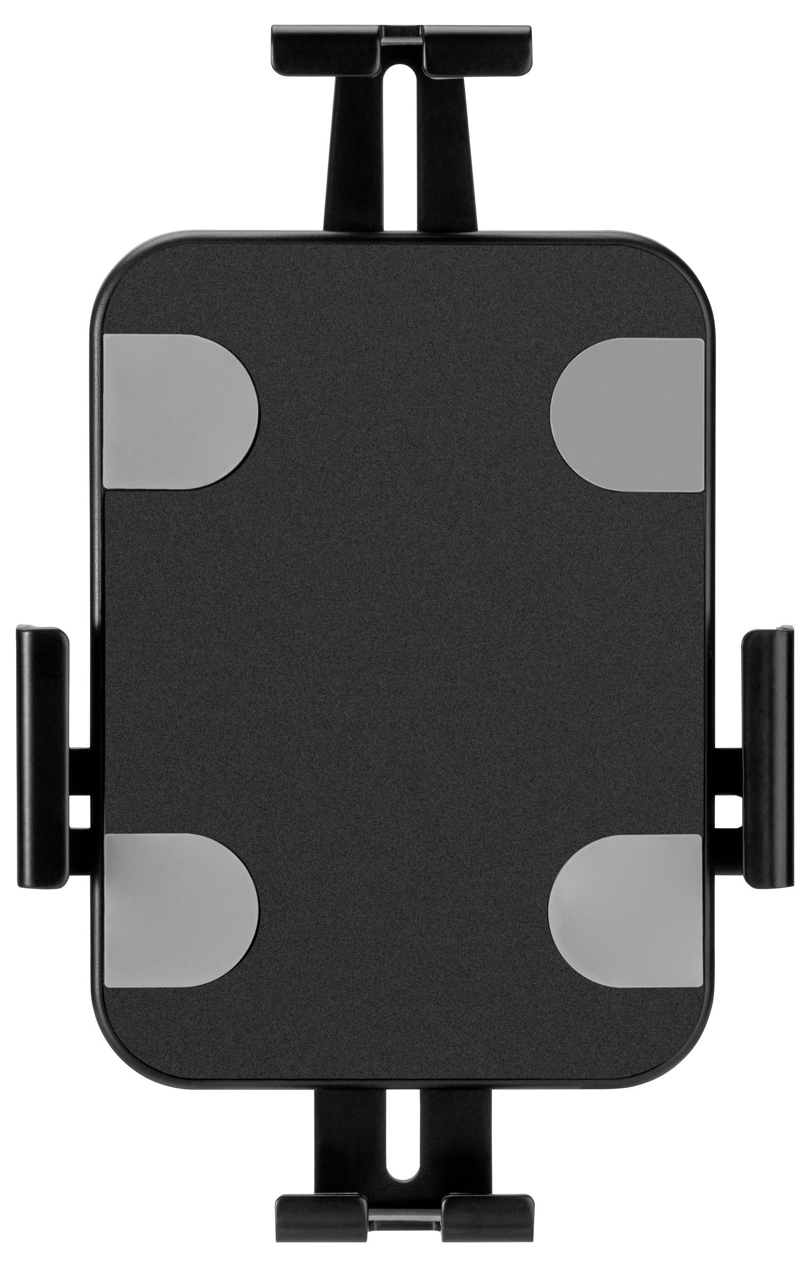 A black adjustable tablet holder with gray grips, designed for securing a device, suitable for use in cars or on desks.