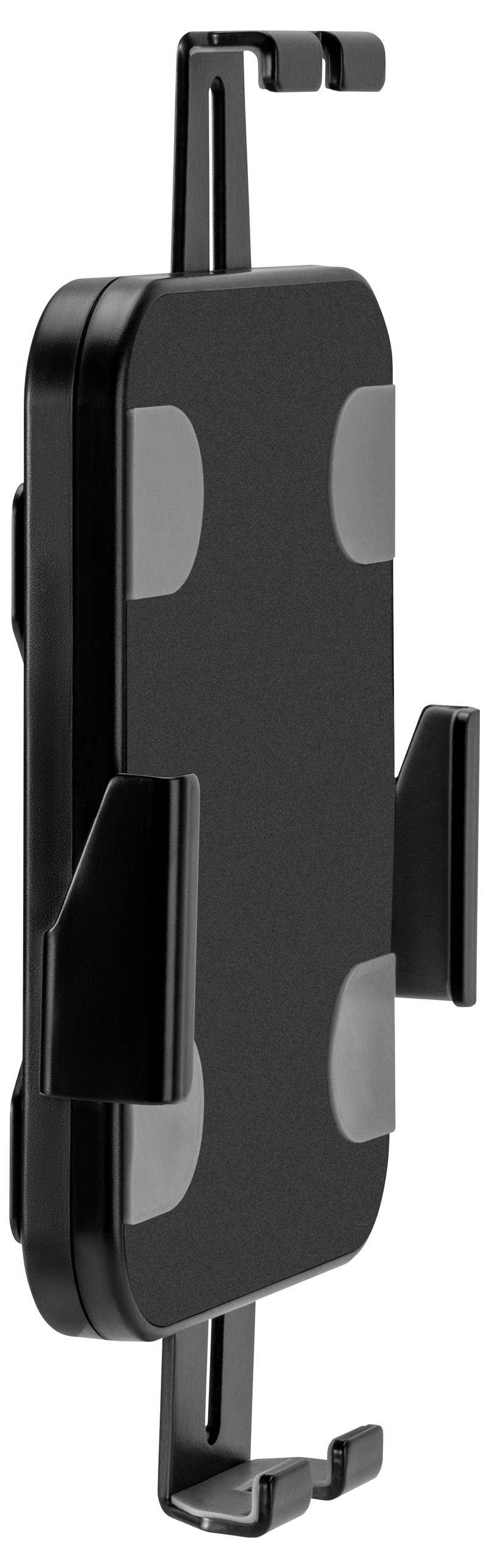 A black adjustable car phone holder with a sleek design, featuring four grips for secure smartphone mounting on a vehicle's dashboard.