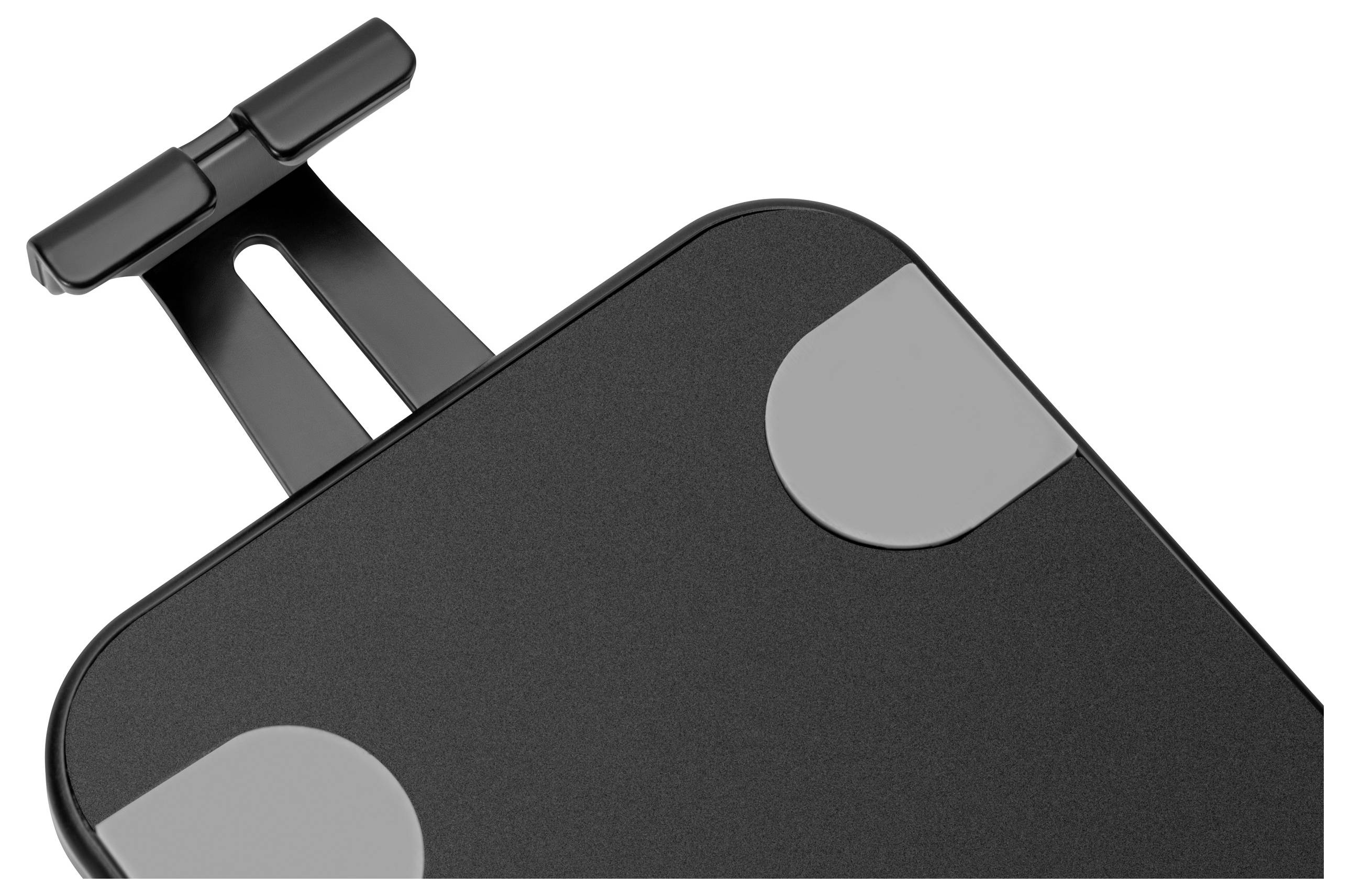 An adjustable black monitor mount with a hinge and two gray pads for stability, designed for attaching to a desk or flat surface.