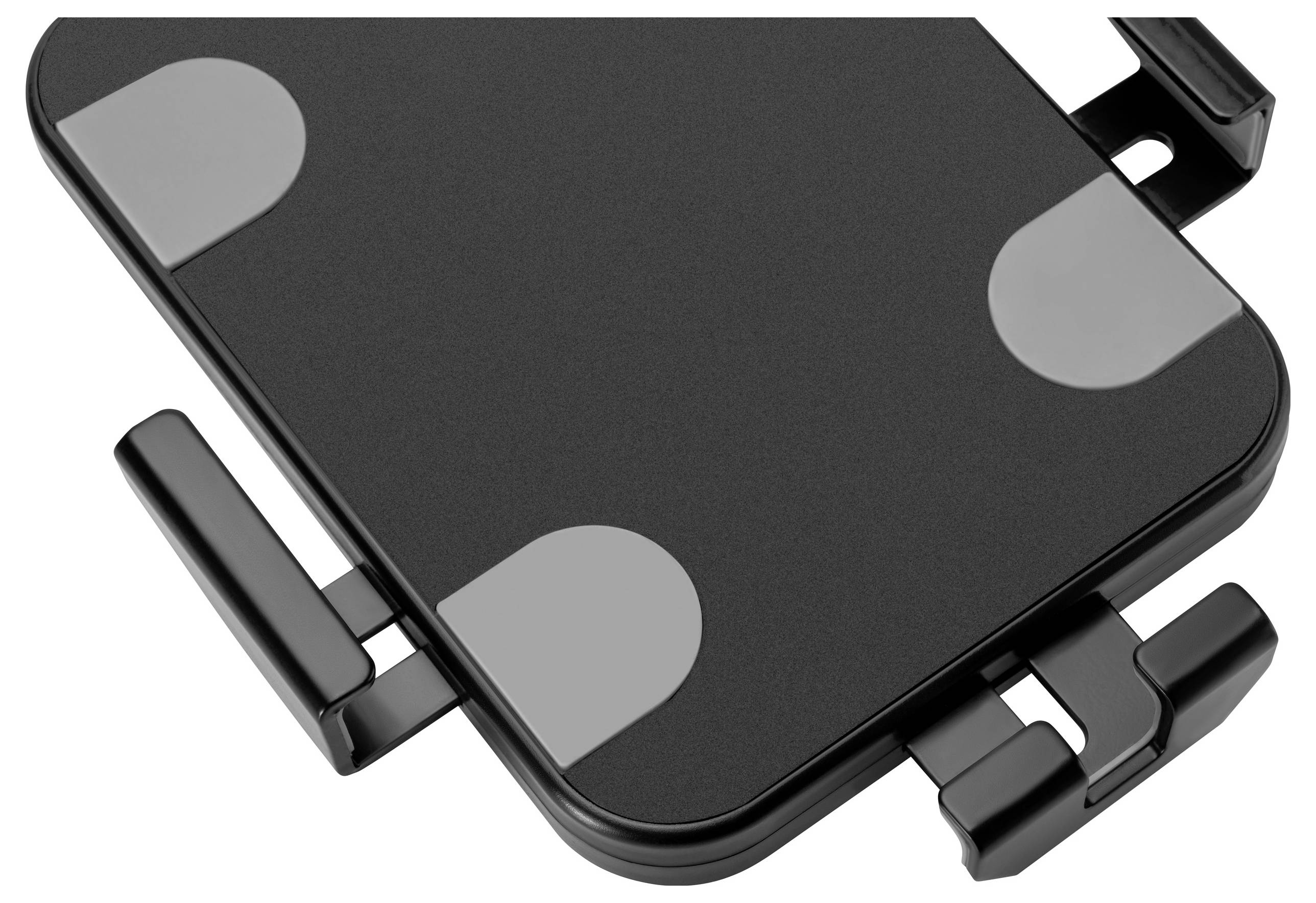 A black car phone holder with adjustable grips and four gray rubber pads for securing a phone.