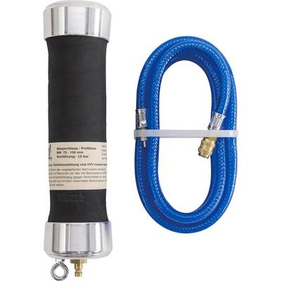 'A pipe burst testing plug and a blue hose are displayed. The plug has a metal end and a label detailing specifications. The hose is coiled with connectors.'