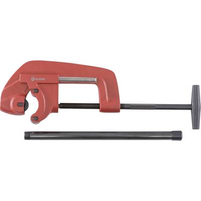 A red pipe cutter with an adjustable knob for cutting pipe, displayed alongside a detached pipe piece, indicating its functionality.