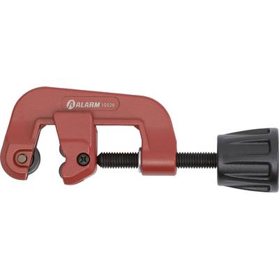 A red pipe cutter with a black adjustment knob is positioned against a white background.