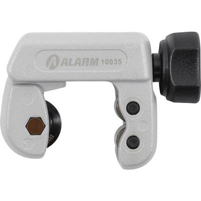 A small, metal pipe cutter with a rotating cutting wheel on the left and a handle on the right, labeled 'ALARM 10035'.