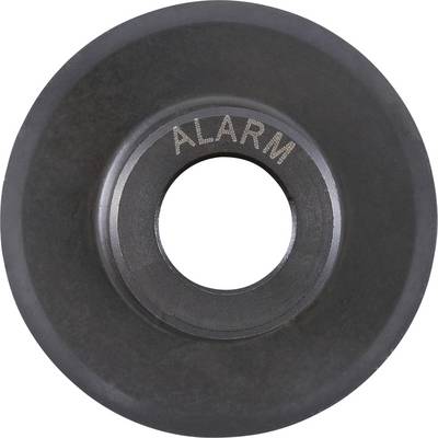 A round, black metal object with the word 'ALARM' engraved on its surface, likely a part or component related to alarm systems.