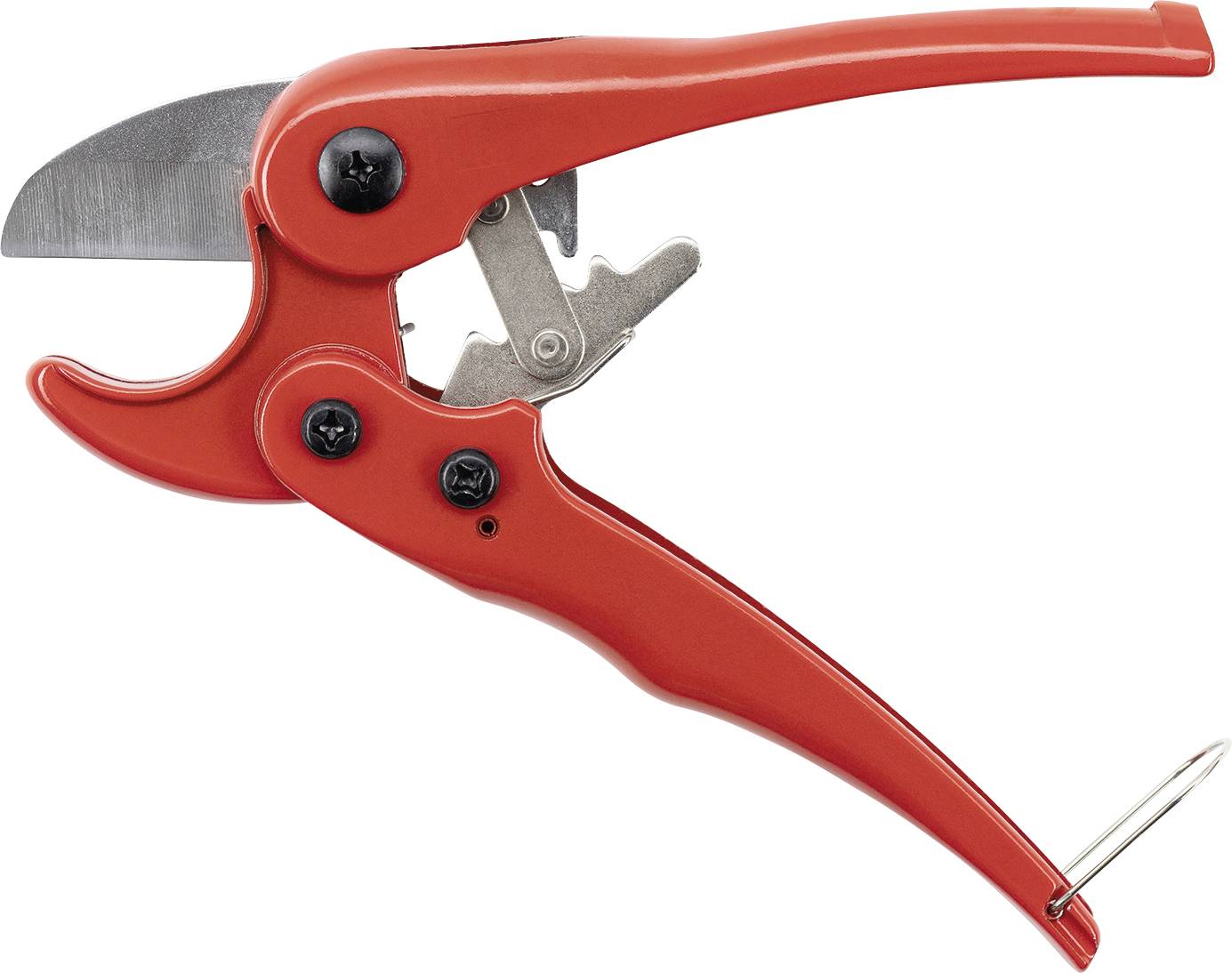 A red pruning shear with a metal safety clip and sharp stainless steel blade, designed for cutting branches and plant stems.