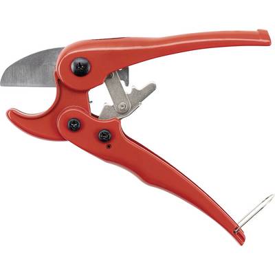 A red pruning shear with a metal safety clip and sharp stainless steel blade, designed for cutting branches and plant stems.