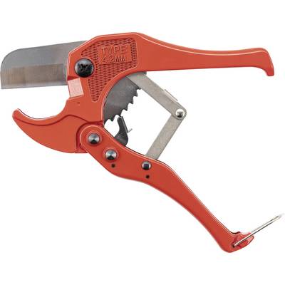 An orange-handled, ratchet-style PVC pipe cutter labeled 'TYPE 42 MM,' designed for cutting pipes efficiently.