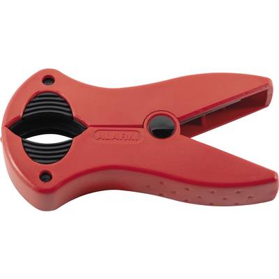 Red plastic pipe cutter with black grips and round cutting blade, designed for cutting various pipe sizes.