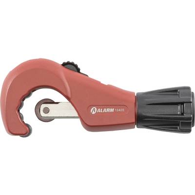 A red and black pipe cutter tool with a rotating cutting blade, featuring the label 'ALARM 10400' on the side.