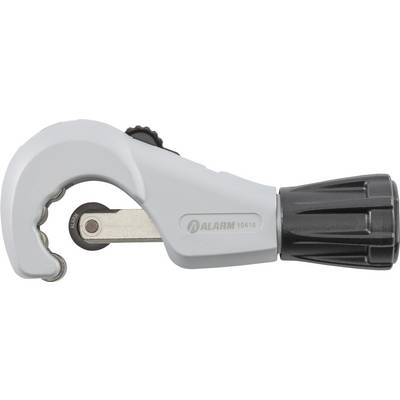 A pipe cutter with a gray handle and black adjustment knob, designed to cut metal pipes accurately.