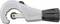 A pipe cutter with a gray handle and black adjustment knob, designed to cut metal pipes accurately.