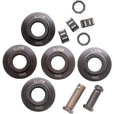 'ALARM' labeled metallic components including five circular discs with the number 10462, two cylindrical pins, and four smaller pieces.