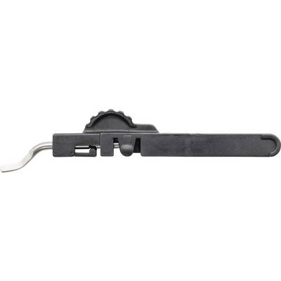 'Profile view of a black metal tool with a curved handle and gear-like component, possibly used for mechanical adjustments or repairs.'