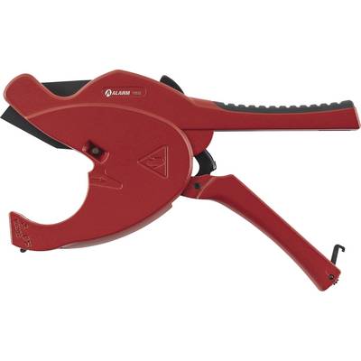 Red pipe cutter with a curved blade and ergonomic handle, used for cutting plastic and rubber pipes.
