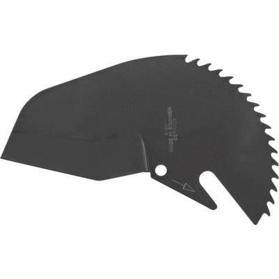 A black saw blade with a serrated edge and a distinct, sharp notch at the bottom right for wood or material cutting.