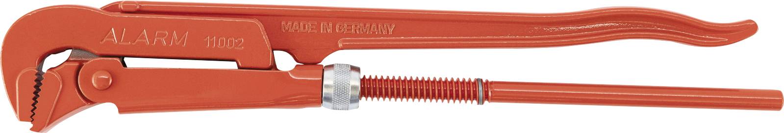 Red pipe wrench labeled 'ALARM 11032', used for gripping and turning pipes, with a movable jaw for adjusting size to fit various pipe diameters.