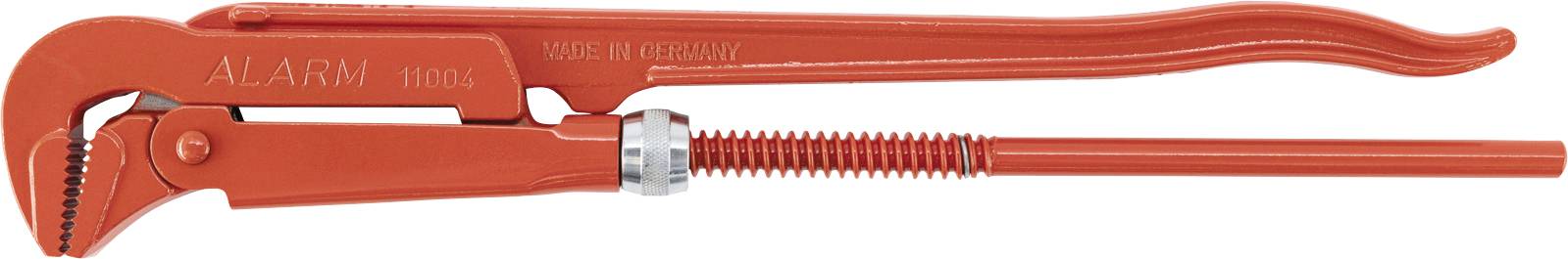 A red adjustable pipe wrench with serrated jaws and a long handle, used for gripping and turning pipes.