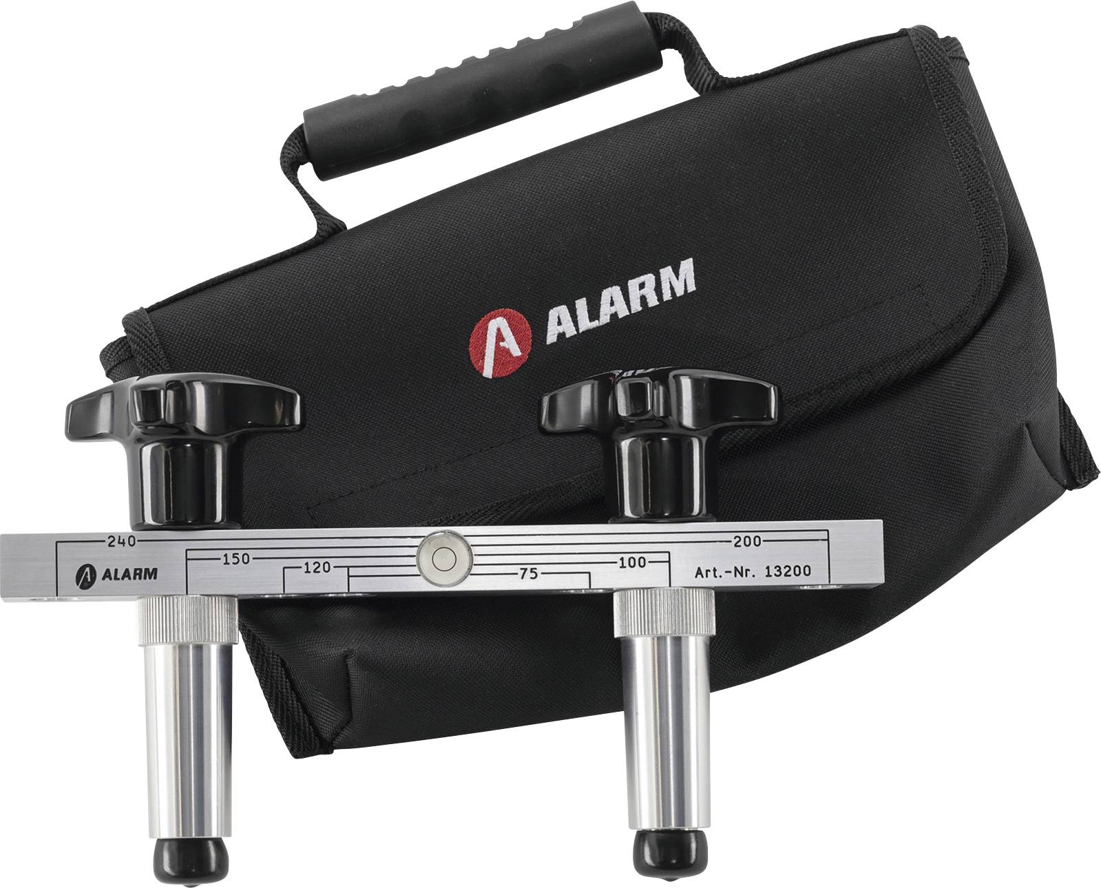 Adjustable door lock installation tool with measurement guide, two knobs, and a carrying case labeled 'ALARM'.