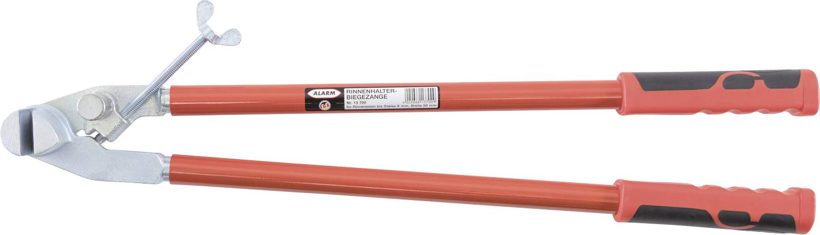 Red-handled bolt cutters with metal jaws, shown in a closed position, designed for cutting through heavy materials like metal rods or chains.