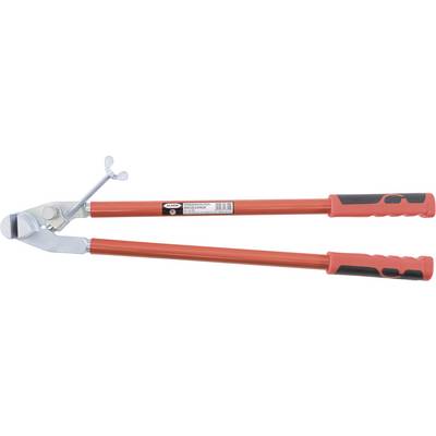 Red-handled bolt cutters with metal jaws, shown in a closed position, designed for cutting through heavy materials like metal rods or chains.