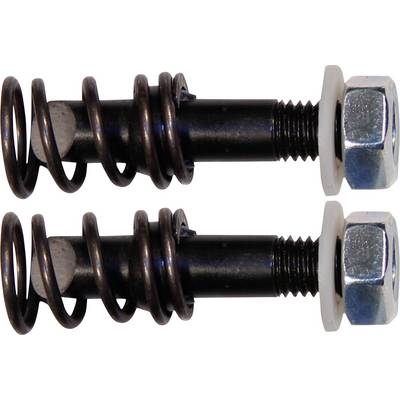 Two metal bolts with attached springs and hexagonal nuts, lying parallel on a plain background.