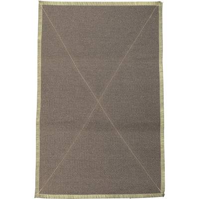A rectangular, earthy-toned rug with fringed edges and subtle cross-patterned lines across its surface, creating a simple yet elegant design.
