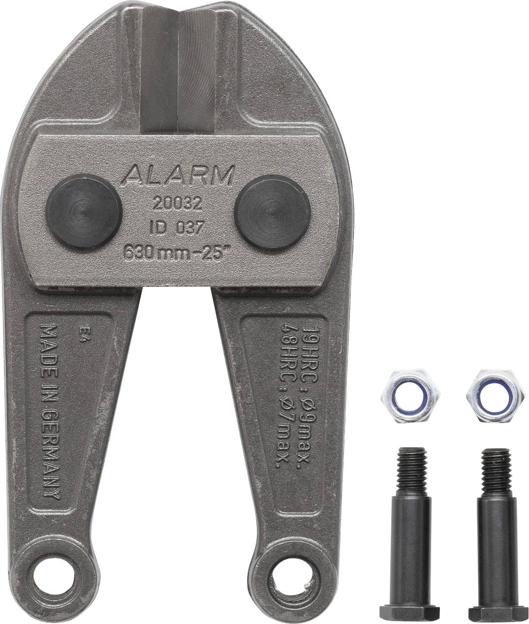 Metal cutting jaw labeled 'ALARM' and '630 mm - 25°', with two bolts and nuts alongside, intended for precise metal cutting tasks.