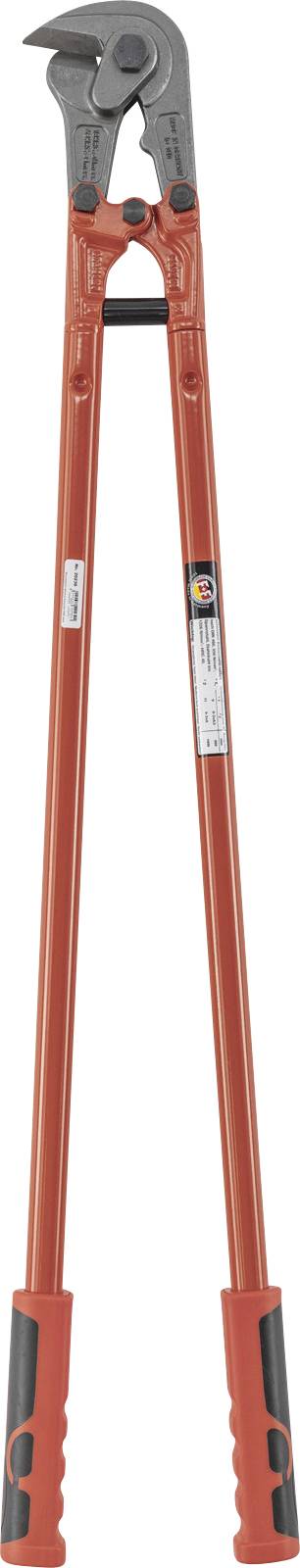 An orange bolt cutter with long handles and black grips, designed for cutting through metal such as chains, bolts, and padlocks.