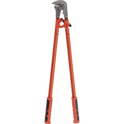 A red-handled bolt cutter with black grips and a metal cutting head, used for cutting heavy-duty materials like chains and locks.