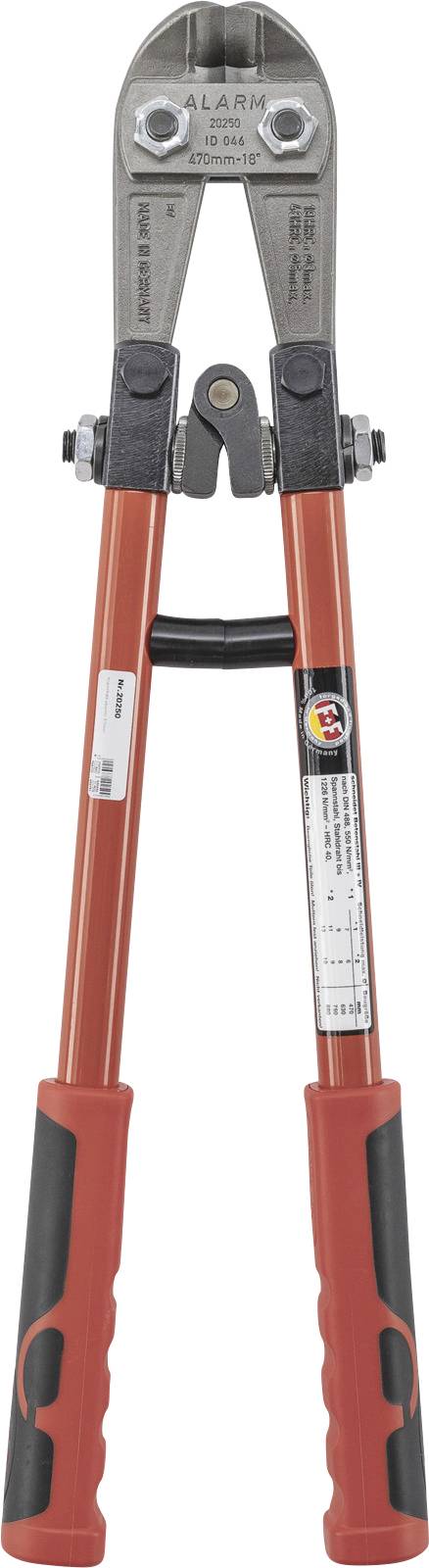 A red bolt cutter with black grips and a steel cutting head, used for cutting through metal objects like chains and padlocks.