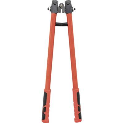 Red bolt cutter with black grips, positioned vertically.