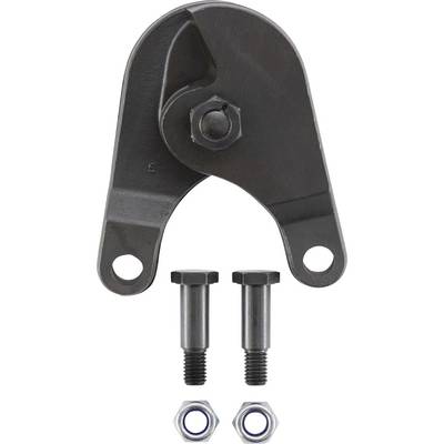 A steel clevis with a U-shaped bracket and attached bolt, accompanied by two additional bolts and nuts, against a plain background.