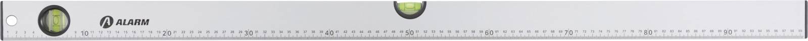A white level ruler with a yellow-green bubble vial at the top and measurement markings below it.