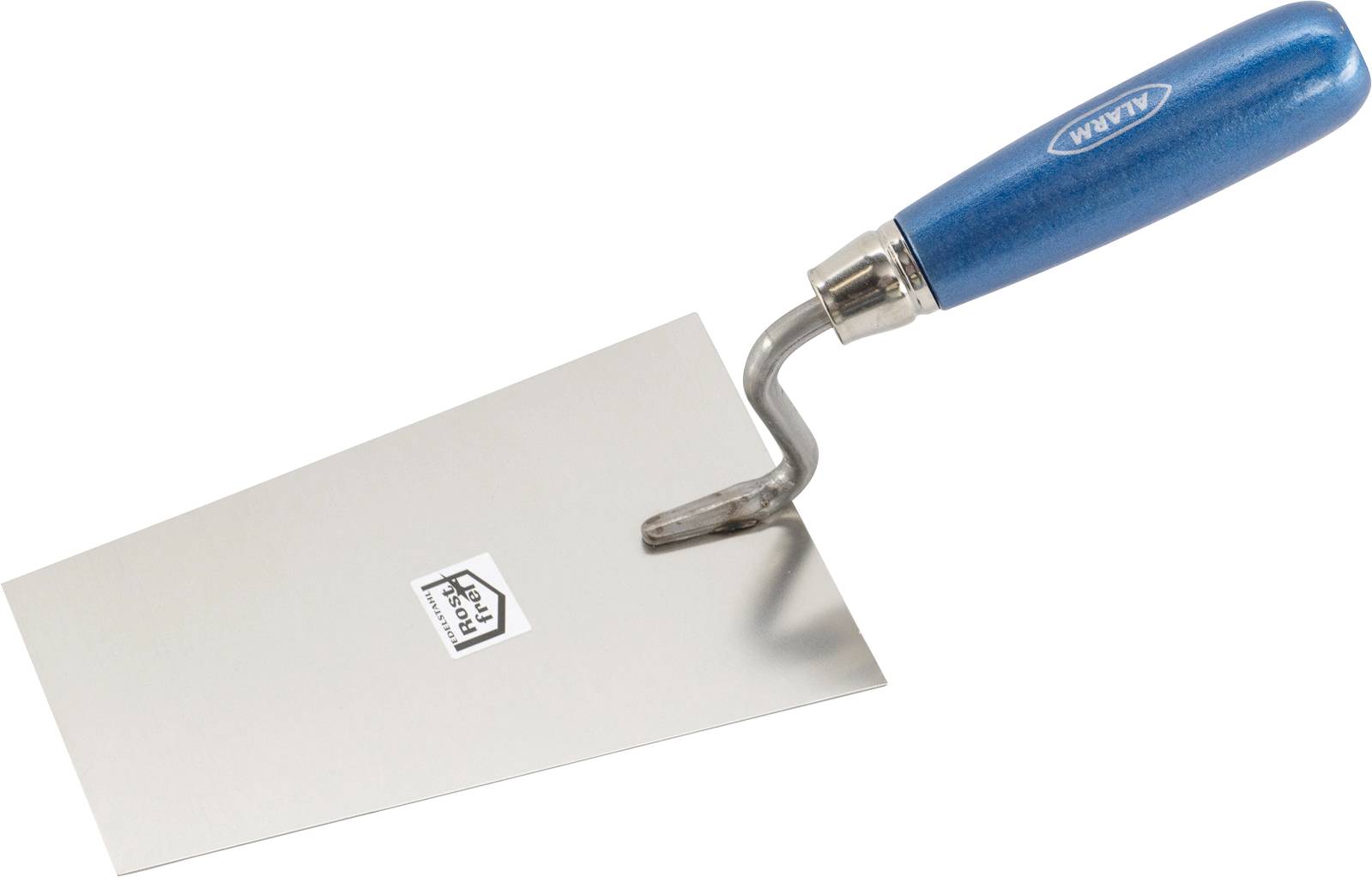 A metal trowel with a blue handle, featuring a wide, flat blade and a turned-up edge. Used for smoothing or spreading materials.