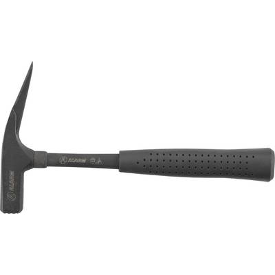 A black-handled pick hammer with a pointed end and a flat end, commonly used in metalwork and geology for shaping and breaking rocks.