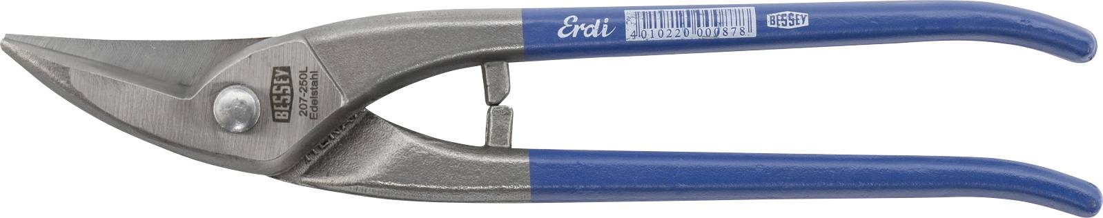 Metal shears with blue handles laying flat, designed for cutting thin metal sheets.